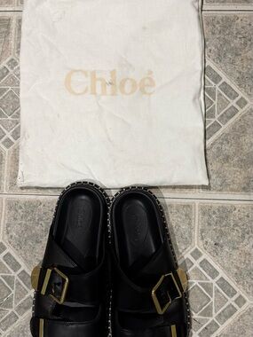 Chloe Black Leather Slide Sandals with Gold Buckles